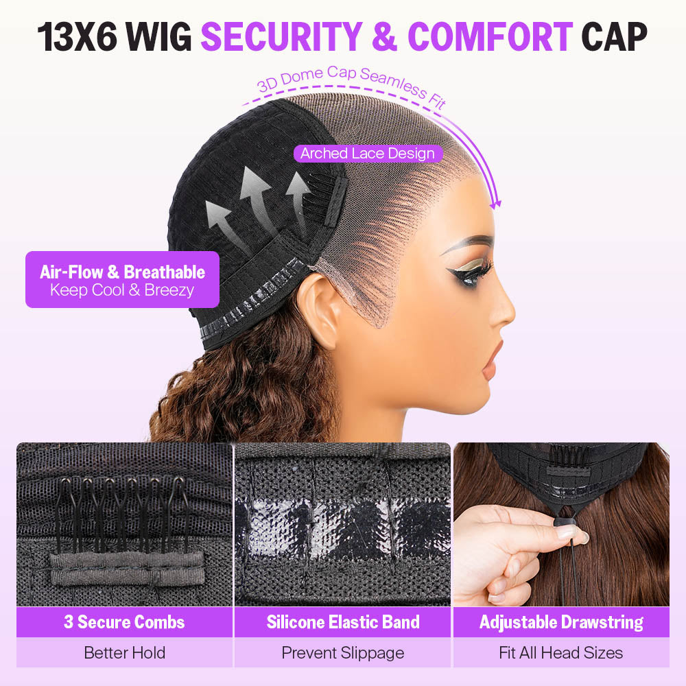Megalook 13x6 Three-Go™ Chocolate Brown Glueless Wigs Bohemian Curl with Drawstring 100% Human Hair Wig