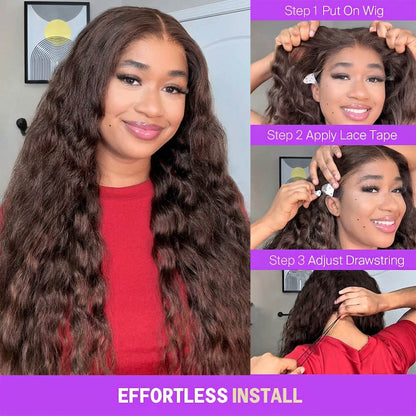Megalook 13x6 Three-Go™ Chocolate Brown Glueless Wigs Bohemian Curl with Drawstring 100% Human Hair Wig